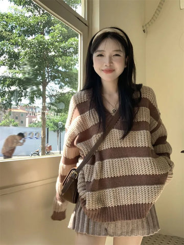 Getadme-Korean Style Vintage Brown Striped Sweater Women Harajuku Oversize Pullover Jumper Preppy Jerseys Casual Knitted Tops